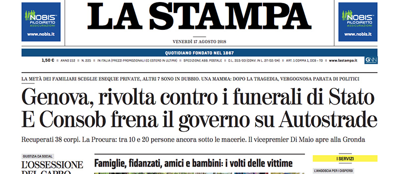 Le prime pagine di venerdì 17 agosto 2018