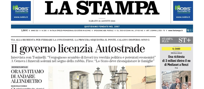 Le prime pagine di sabato 18 agosto 2018