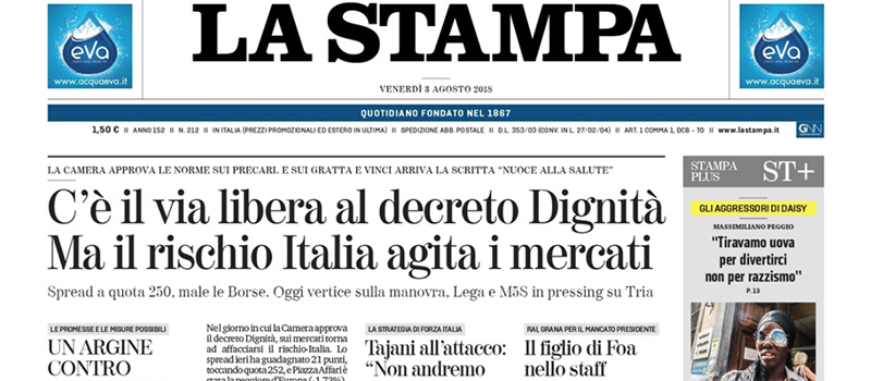 Le prime pagine di venerdì 3 agosto 2018