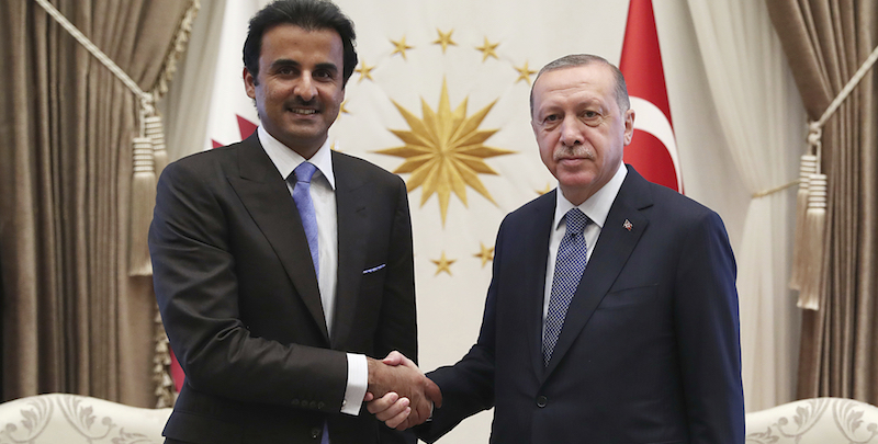 Il presidente turco Recep Tayyip Erdogan e l'emiro del Qatar Tamim bin Hamad al Thani 
 (Presidential Press Service via AP, Pool)