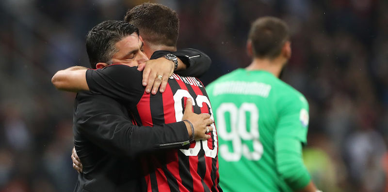Rino Gattuso abbraccia Patrick Cutrone dopo Milan-Roma (Marco Luzzani/Getty Images)