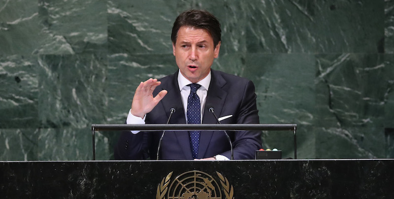 Giuseppe Conte durante il discorso all'Assemblea Generale delle Nazioni Unite (John Moore/Getty Images)