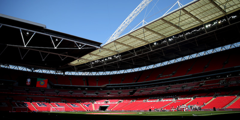 L'interno dello stadio Wembley di Londra prima della finale di Buildbase FA Vase tra Stockton Town e Thatcham Town lo scorso maggio (Alex Pantling/Getty Images)