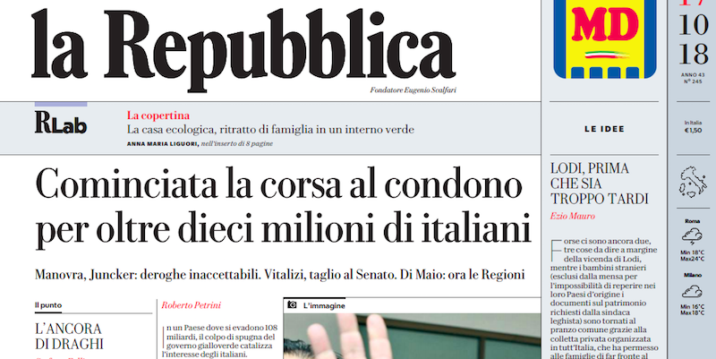 Le prime pagine di mercoledì 17 ottobre 2018