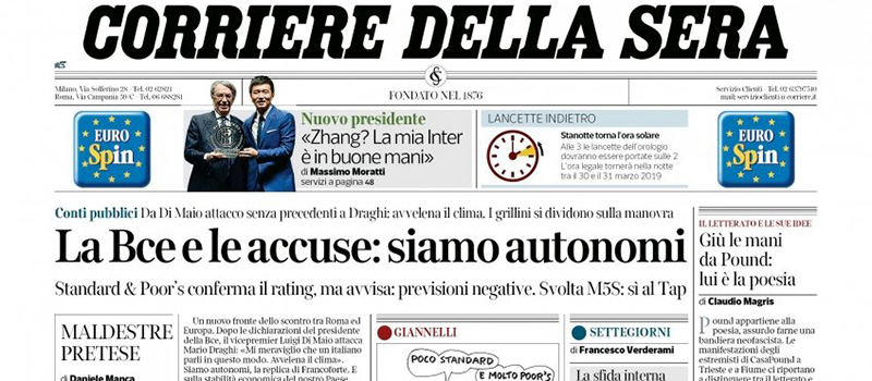 Le prime pagine di sabato 27 ottobre 2018