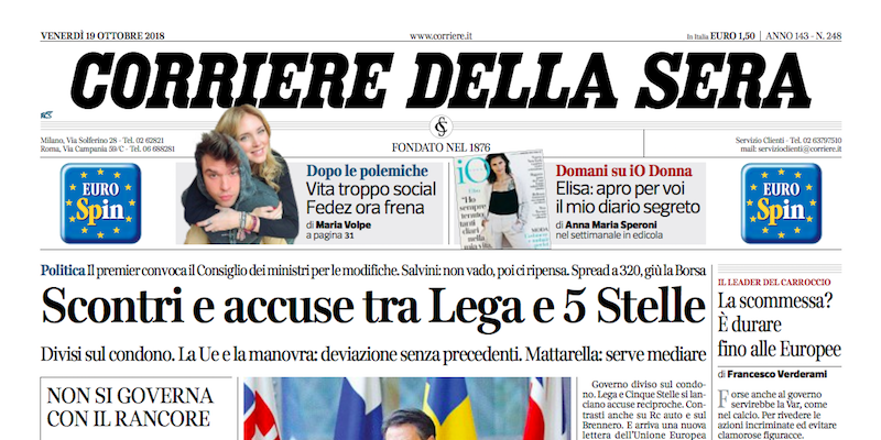 Le prime pagine di venerdì 19 ottobre 2018