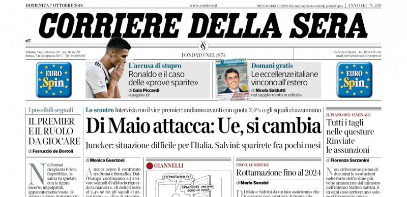 Le prime pagine di domenica 7 ottobre 2018