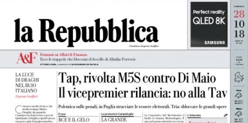 Le prime pagine di domenica 28 ottobre 2018