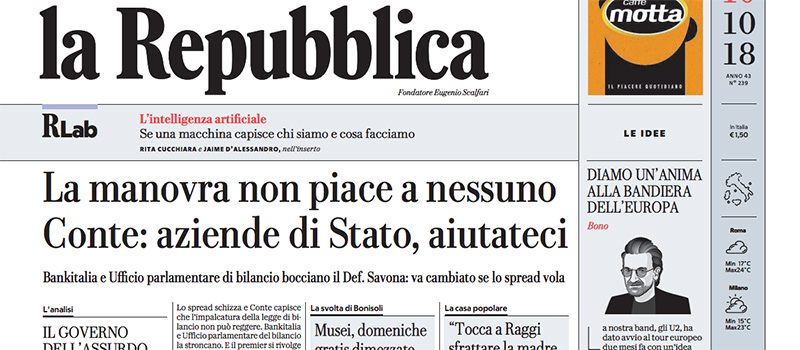 Le prime pagine di mercoledì 10 ottobre 2018