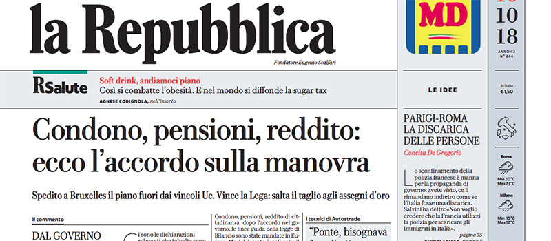 Le prime pagine di martedì 16 ottobre 2018