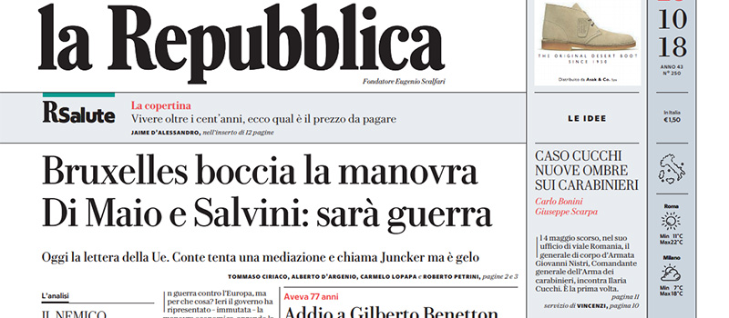 Le prime pagine di martedì 23 ottobre 2018