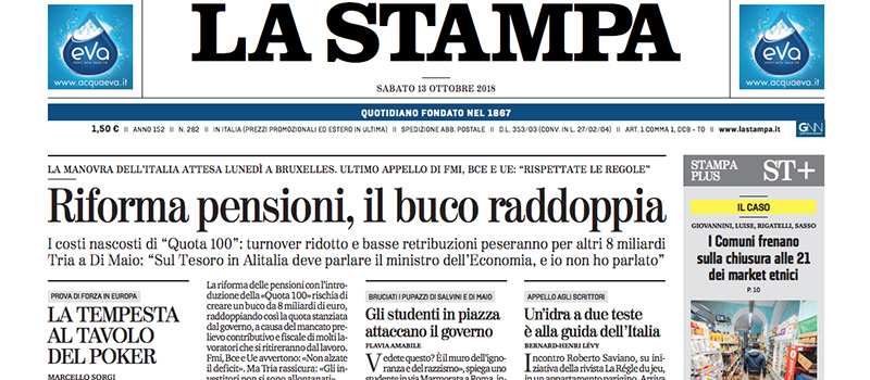 Le prime pagine di sabato 13 ottobre 2018