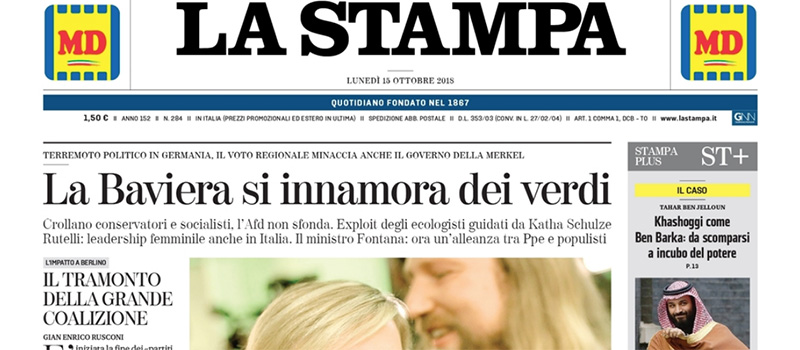 Le prime pagine di lunedì 15 ottobre 2018
