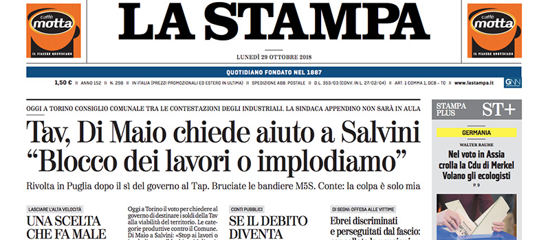 Le prime pagine di lunedì 29 ottobre 2018