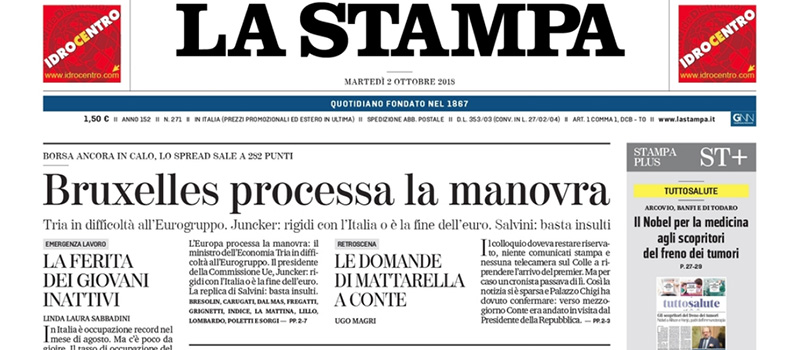 Le prime pagine di martedì 2 ottobre 2018
