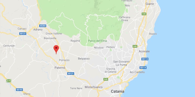 La posizione dell'epicentro della scossa di magnitudo 4.8 avvenuta alle 2.34 del 6 ottobre 2018, in provincia di Catania
