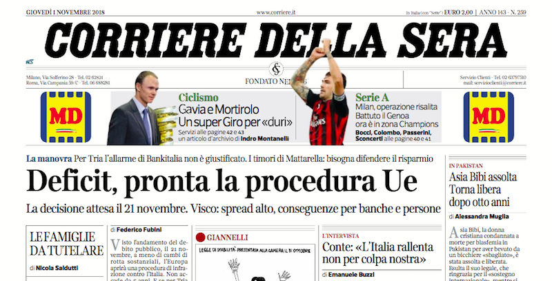 Le prime pagine di giovedì 1 novembre 2018