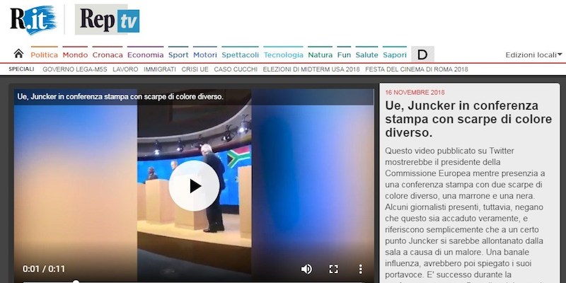 Come il sito di Repubblica ha diffuso la notizia falsa sulle scarpe di Jean-Claude Juncker in una schermata di David Puente (Il blog di David Puente)