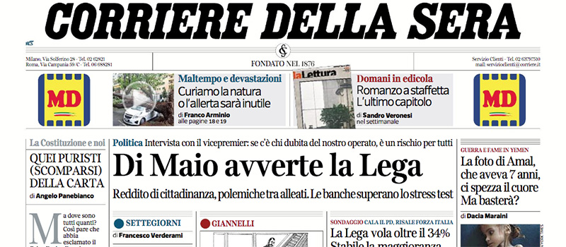 Le prime pagine di sabato 3 novembre 2018