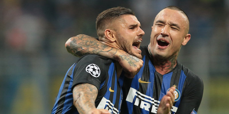 Mauro Icardi e Radja Nainggolan dopo il gol segnato dal primo contro il Tottenham (GettyImages)