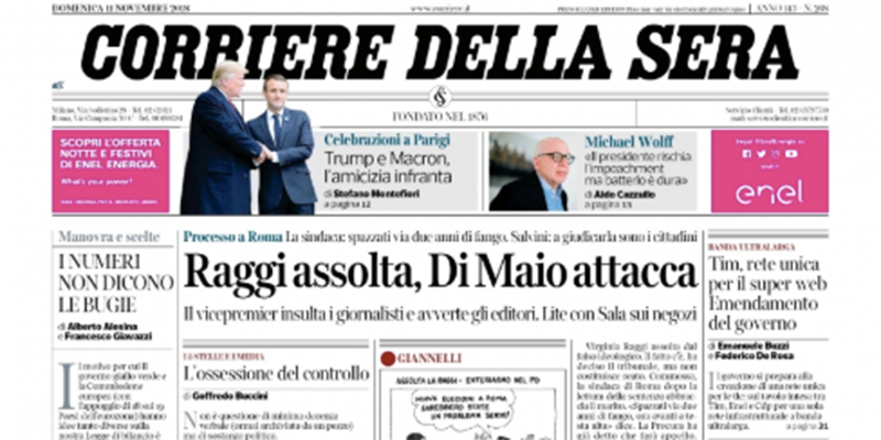 Le prime pagine di domenica 11 novembre 2018
