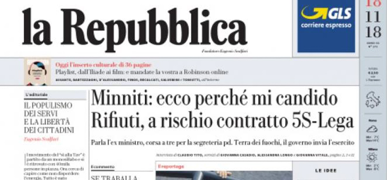 Le prime pagine di domenica 18 novembre 2018