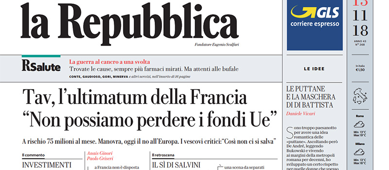 Le prime pagine di martedì 13 novembre 2018
