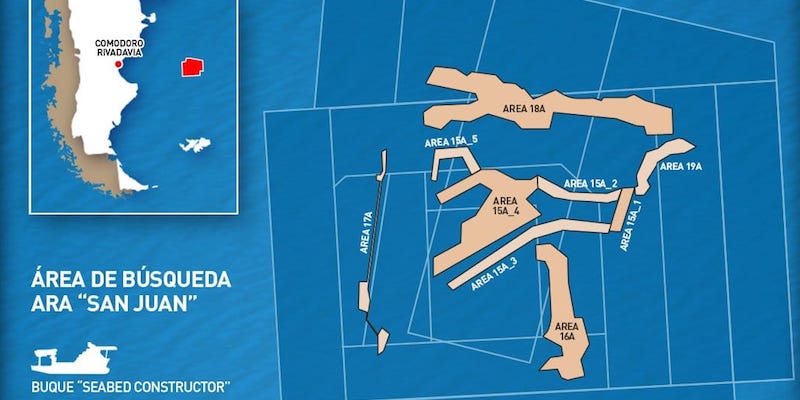 L'area dell'oceano Atlantico in cui sono stati trovati i resti del sottomarino militare argentino San Juan, nella zona 15A-4 (Profilo Twitter della Marina militare argentina)