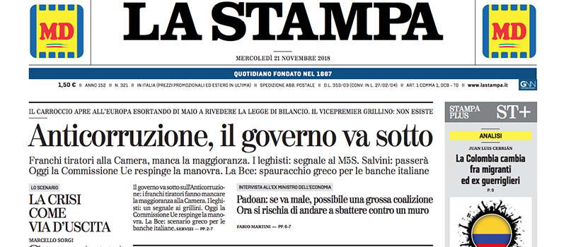 Le prime pagine di mercoledì 21 novembre 2018