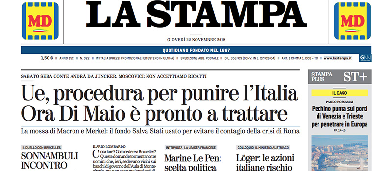 Le prime pagine di giovedì 22 novembre 2018