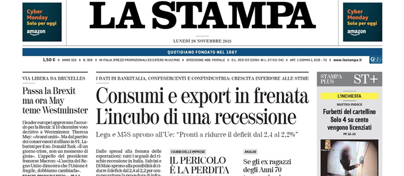 Le prime pagine di lunedì 26 novembre 2018
