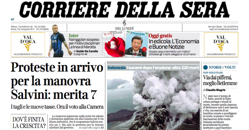 Le prime pagine di lunedì 24 dicembre 2018