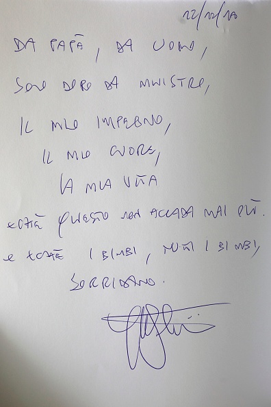 A picture taken on December 12, 2018 shows the dedication written by Italy's Interior Minister and Deputy Prime Minister Matteo Salvini during his visit on December 12, 2018 to the Yad Vashem Holocaust Memorial museum in Jerusalem, which commemorates the six million Jews killed by the German Nazis and their collaborators during World War II. (Photo by MENAHEM KAHANA / AFP) (Photo credit should read MENAHEM KAHANA/AFP/Getty Images)