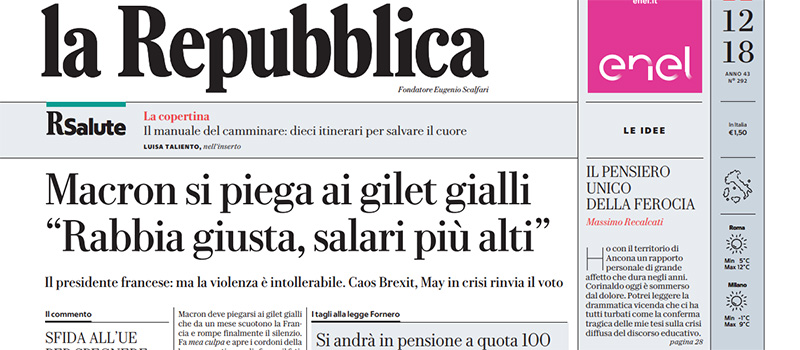 Le prime pagine di martedì 11 dicembre 2018