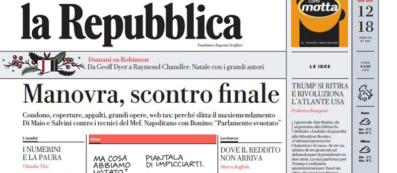 Le prime pagine di sabato 22 dicembre 2018