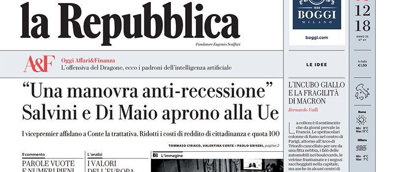Le prime pagine di lunedì 3 dicembre 2018