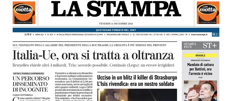 Le prime pagine di venerdì 14 dicembre 2018