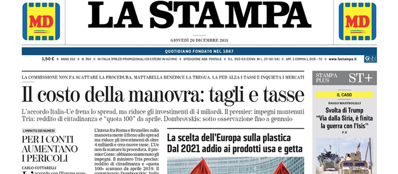 Le prime pagine di giovedì 20 dicembre 2018