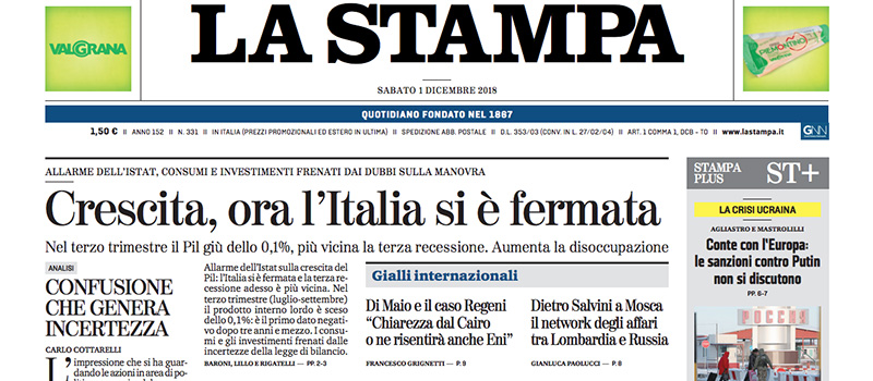 Le prime pagine di sabato 1 dicembre 2018