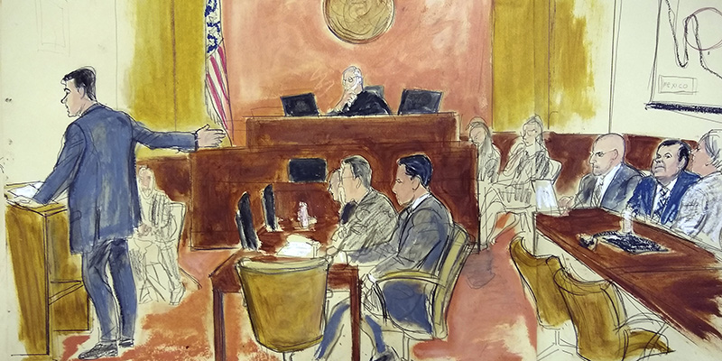 Un disegno della prima udienza del processo a El Chapo, New York, 13 novembre 2018 (Elizabeth Williams via AP)