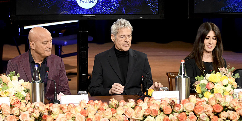 Claudio Bisio, Claudio Baglioni e Virginia Raffaele durante la conferenza stampa di presentazione del 69esimo Festival di Sanremo, 9 gennaio 2019. (ANSA/ RICCARDO DALLE LUCHE)