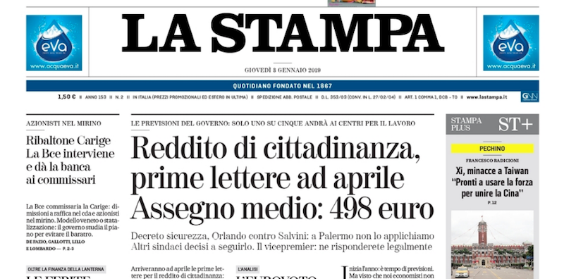 Le prime pagine di giovedì 3 gennaio 2019