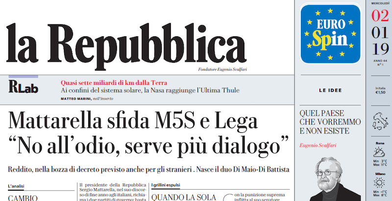 Le prime pagine di mercoledì 2 gennaio 2019