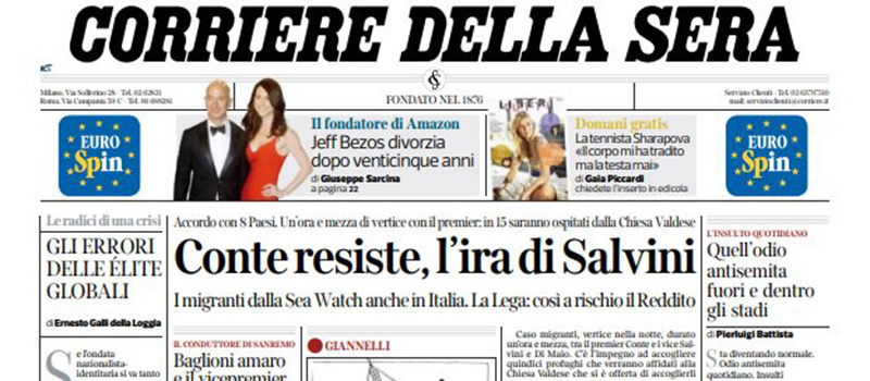 Le prime pagine di giovedì 10 gennaio 2019