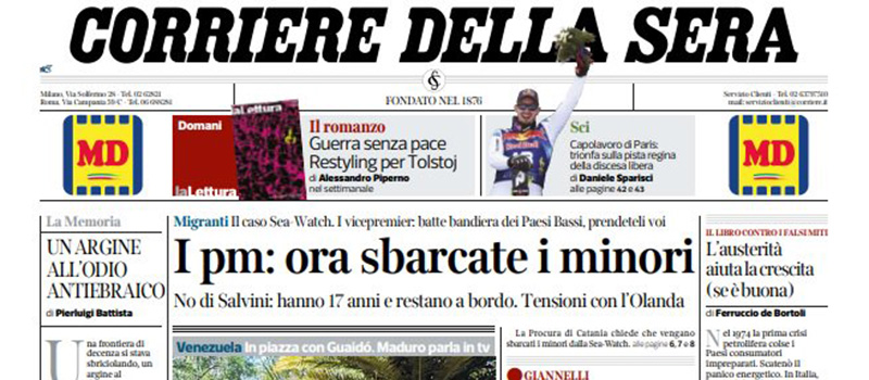 Le prime pagine di sabato 26 gennaio 2019