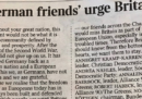 La lettera dei 31 «amici tedeschi» che chiedono al Regno Unito di restare nell'Unione Europea sul Times