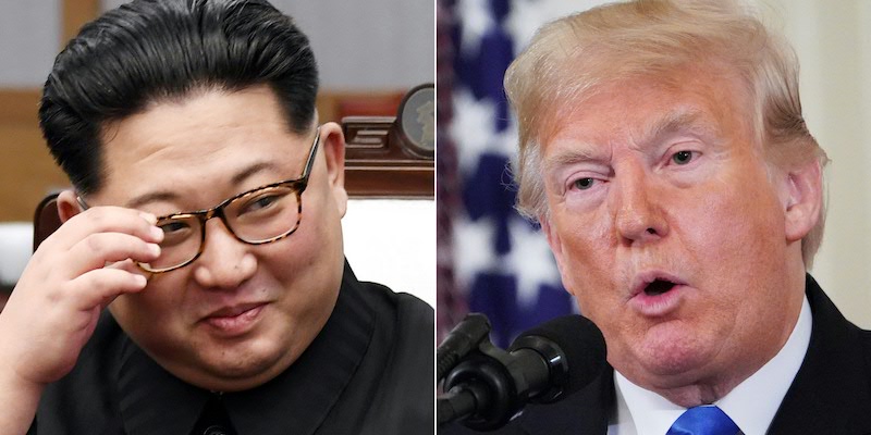 Il dittatore nordcoreano Kim Jong-un, il 27 aprile 2018, e il presidente degli Stati Uniti Donald Trump, il 7 novembre 2018 (KOREA SUMMIT PRESS POOL,MANDEL NGAN/AFP/Getty Images)