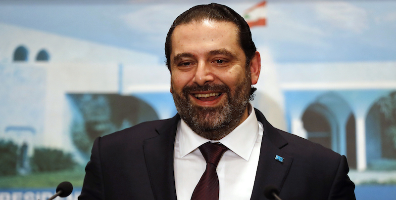Saad Hariri, di nuovo primo ministro, commenta la formazione del governo con la stampa, nel palazzo presidenziale di Baabda, Libano, 31 gennaio 2019
(AP Photo/Hussein Malla)