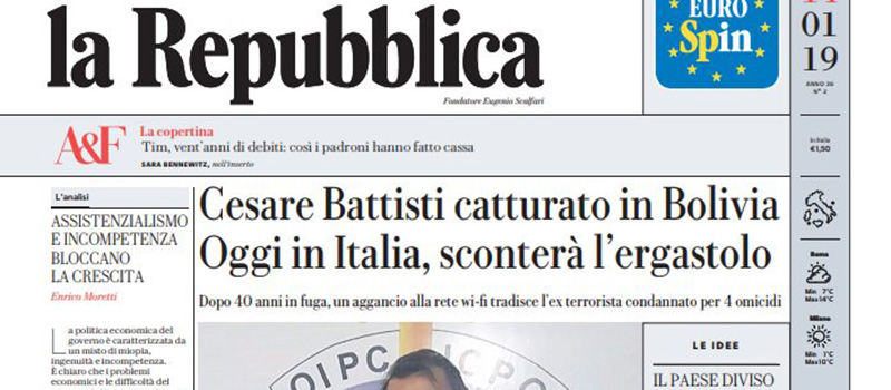 Le prime pagine di lunedì 14 gennaio 2019