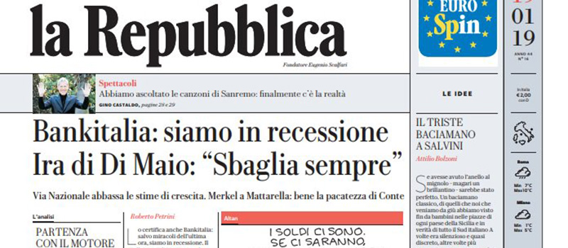 Le prime pagine di sabato 19 gennaio 2019